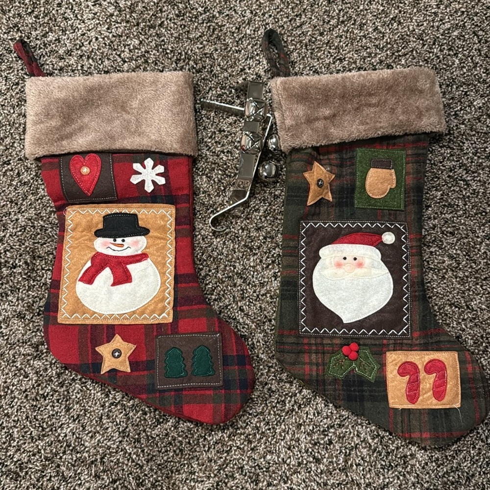NWOT Set of 2 Large Christmas Stockings + 2 mantel metal hangers with bells